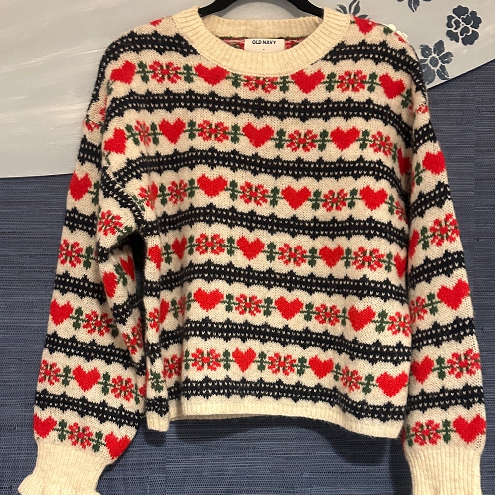 NWT Old Navy Cream Sweater with Red and Black Patterns